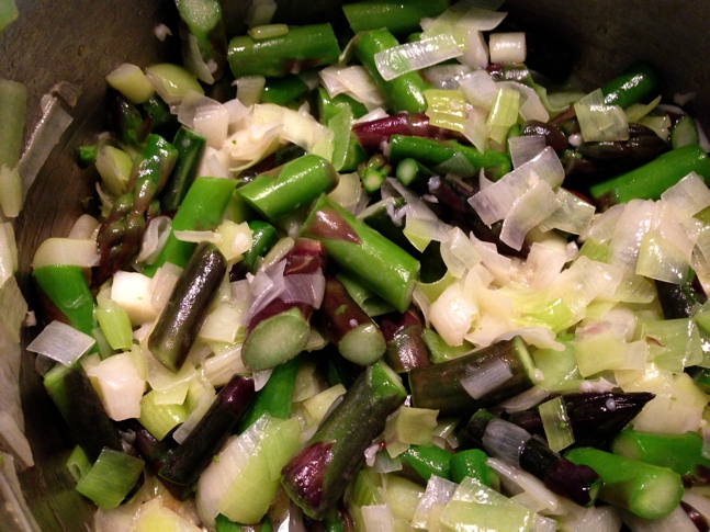 Saute garlic, leeks & asparagus until leeks are slightly translucent.