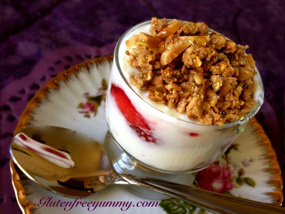 Enjoy a yummy breakfast or snack with vanilla yogurt, fresh strawberries, and chai-spiced granola with a drizzle of honey.