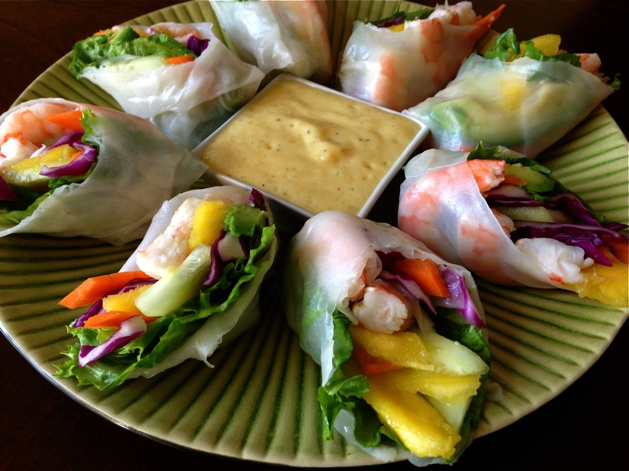 These little spring rolls make a beautiful appetizer in the colorful display of fruits and veggies.