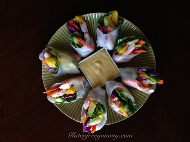 Slicing the spring rolls on an angle makes for a burst of color. Dipping them in the spicy-mango sauce makes for a burst of flavor!