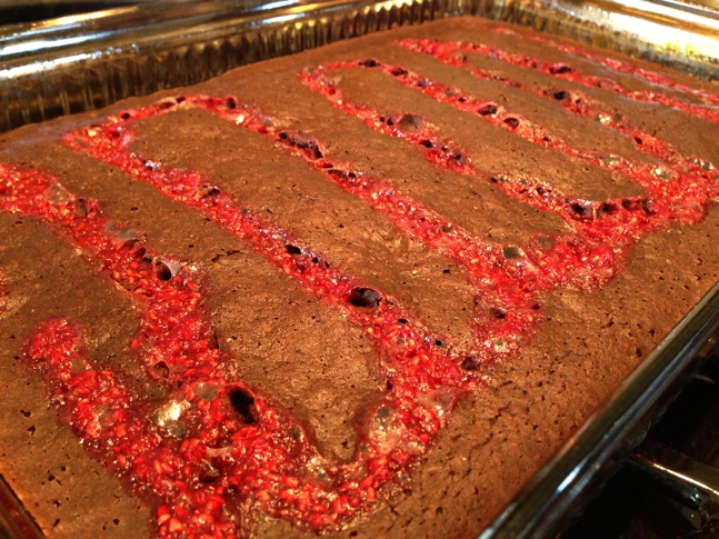 Gluten-free, dairy-free, low-fat brownies with raspberry ripple.