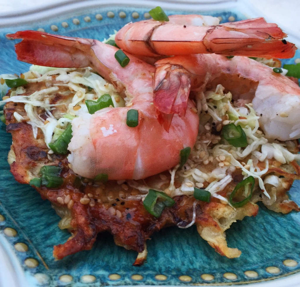 Savory pancakes, Asian Slaw, and Shrimp is Yum on a Plate