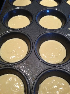 Pour approximately two tablespoon into the prepared mini muffin tin.